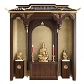 Buddhist Shrine Cabinet With Wooden Structure Golden Buddha Statue And Red Candles Decor