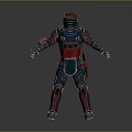 Armored Sci Fi Character Standing With Metallic Armor Red Details And Back Weapon 3d model