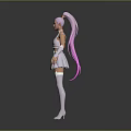 Woman With Pink Hair In White Crop Top And Short Skirt Standing With Arms Outstretched