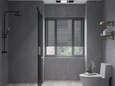 Bathroom Interior With Gray Marble Tile Walls Black Shower Head Window Blinds Toilet And Wall Shelf 3d model