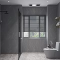 Bathroom Interior With Gray Marble Tile Walls Black Shower Head Window Blinds Toilet And Wall Shelf