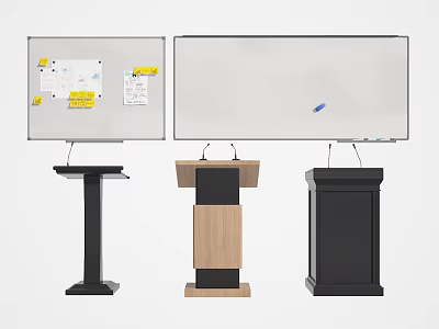 Stylish Podium Designs With Wooden Black Metal Stands And Whiteboard With Notes 3d model