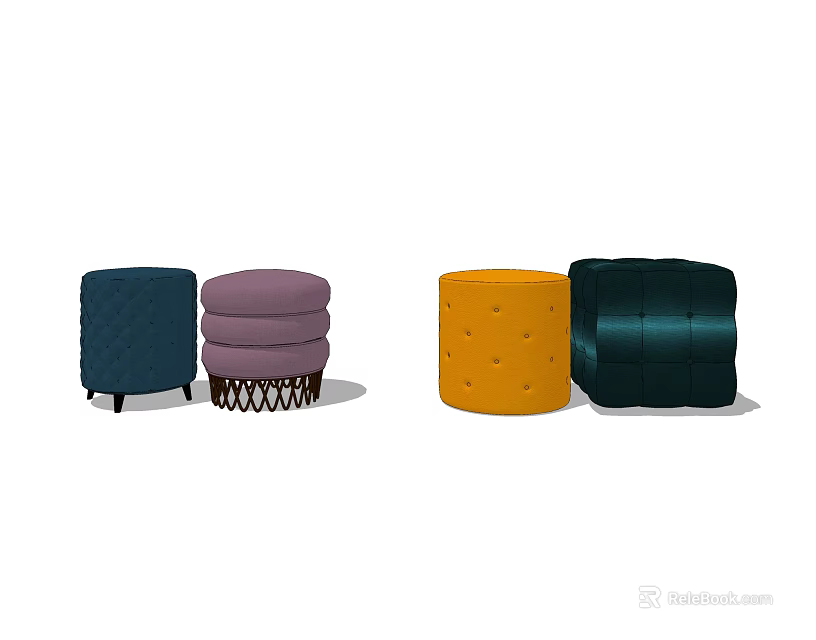 Modern Colorful Ottoman Stools with Button Tufted Design and Woven Base 3d model