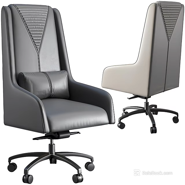 Modern Office Chair Gray and Beige Leather High Backrest with Armrests Swivel Base and Wheels 3d model 