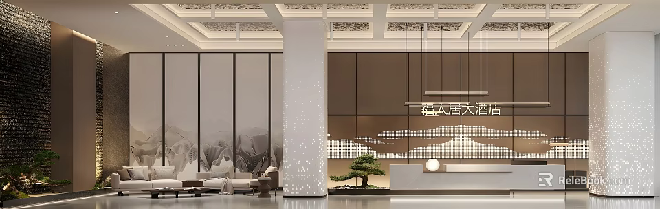 Hotel Lobby With Modern Chinese Style Decorative Pillar Hanging Lights Landscape Painting And Green Plant 3d model 