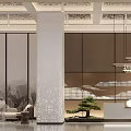 Hotel Lobby With Modern Chinese Style Decorative Pillar Hanging Lights Landscape Painting And Green Plant