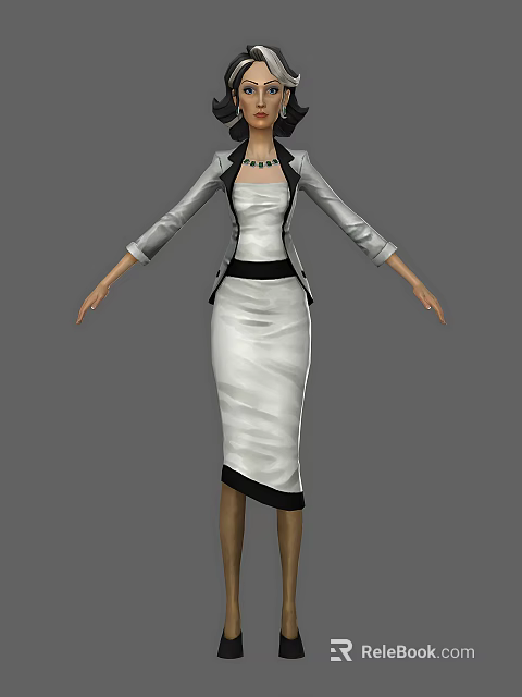 Elegant Woman In White Dress With Gray Blazer And Black Collar Accent 3d model 