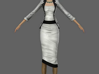 Elegant Woman In White Dress With Gray Blazer And Black Collar Accent 3d model