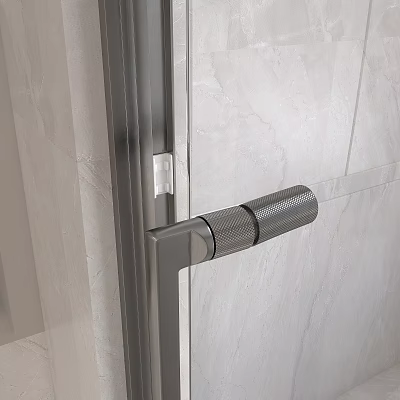 Modern Textured Stainless Steel Door Handle Mounted On Glass Door With Marble Wall Interior 3d model