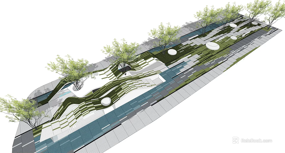 Modern Plaza Paving Design With Curved Patterns Greenery And Circular Elements 3d model