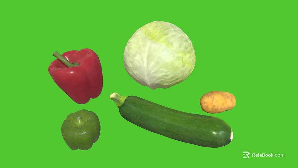 Colorful Fresh Vegetables With Bell Peppers Cabbage Zucchini And Potato On Green Background 3d model 