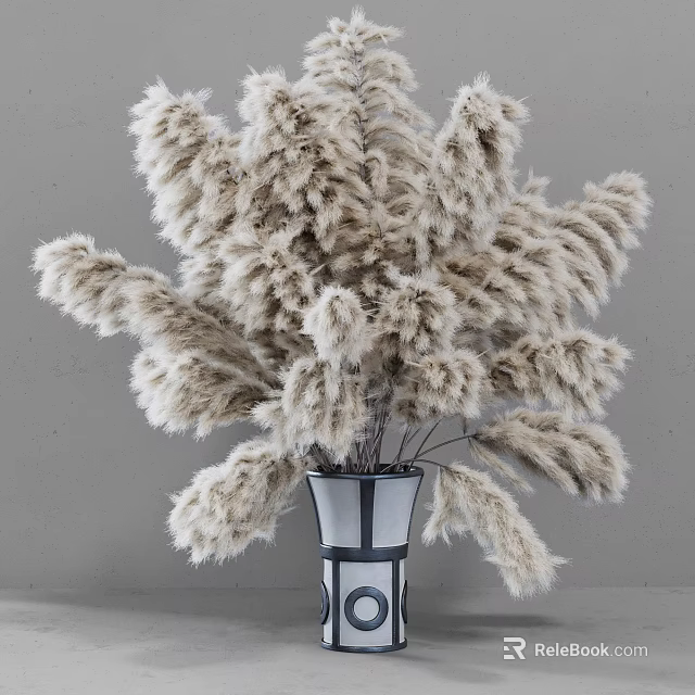 Pampas Grass Flowers in Black and White Geometric Vase for Home Decor 3d model 
