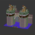Cartoon Scenery of Lego Built Castle Towers with Golden Decorations White Brown and Blue Base