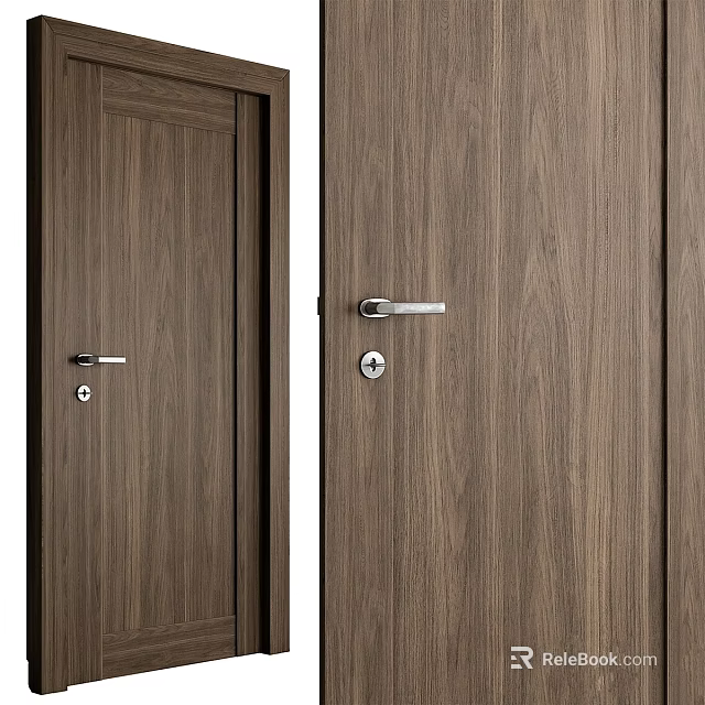 Wooden Hinged Door With Natural Wood Grain And Silver Metal Handle Design 3d model 
