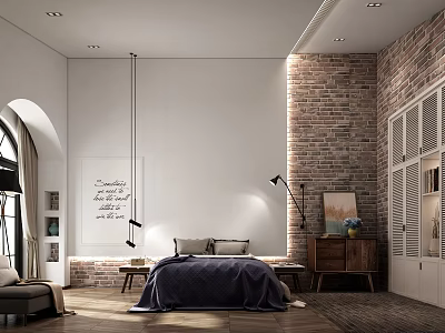 Kids Room Featuring Arched Window Brick Wall White Walls Bookshelf Bed And Wooden Floor 3d model