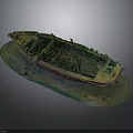 Old Weathered Wooden Boat Wreck with Decayed Structure on Green Base