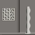 Light Colored Wall With Square Artwork Black Semicircular Patterns And White Wavy Floor Lamp 3d model