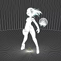 Game Movie Character In Blue Bodysuit With Orange Hair Green Orb And Geometric Setting Reflection
