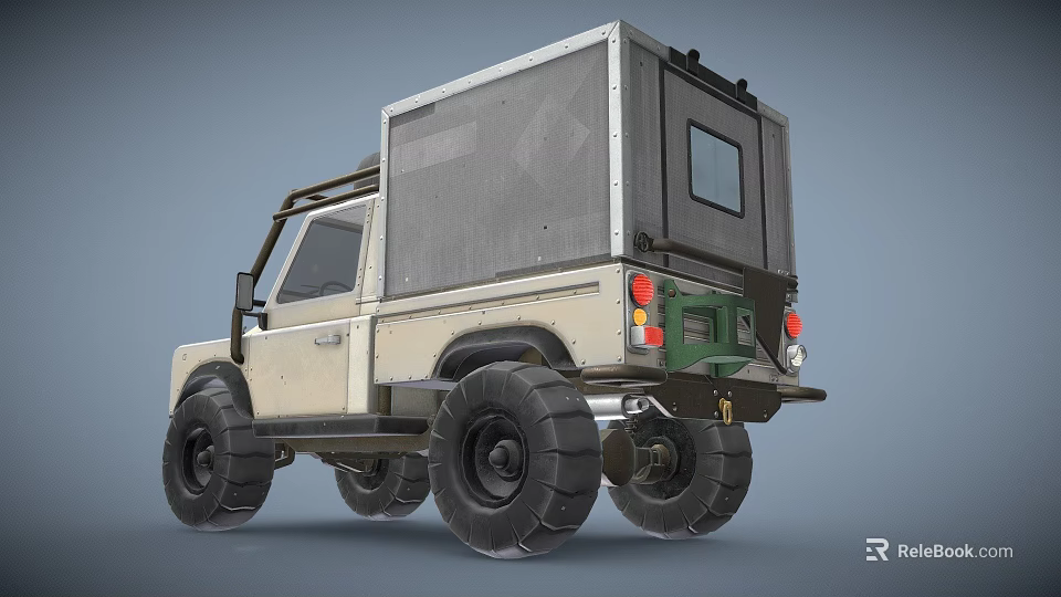 Off Road Adventure Vehicle With Large Tires And Rear Camping Storage Box 3d model 