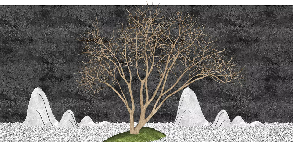 Bare Arbor in Landscape with Gray Background White Rock Formations Green Grass and White Pebbles 3d model 