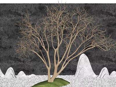 Bare Arbor in Landscape with Gray Background White Rock Formations Green Grass and White Pebbles 3d model