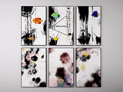 Abstract Paintings With Colorful Fish Ink Splatters And Geometric Shapes 3d model