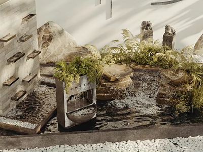 Charming Garden Ornament with Flowing Water Green Ferns Natural Stones and Decorative Structures 3d model