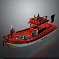 Red Water Transport Boat With Bucket Hose and Flag on Upper Deck
