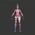 Woman In Pink Top With Blue Hair Striped Pants Gloves And Roller Skates