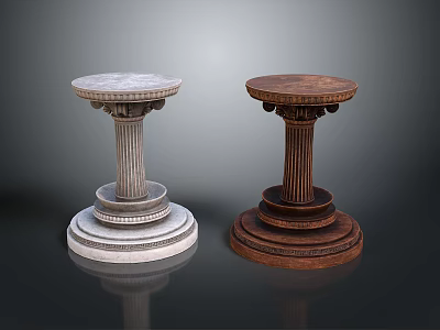 Two Round Tables With Column Shaped Bases Light Gray Dark Brown Textured Surfaces And Reflections 3d model