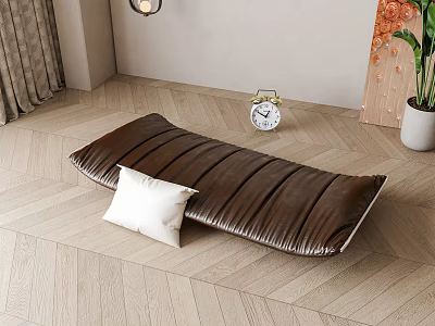 Brown Folding Mattress With White Pillow On Herringbone Wooden Floor Near Vintage Clock And Plant 3d model