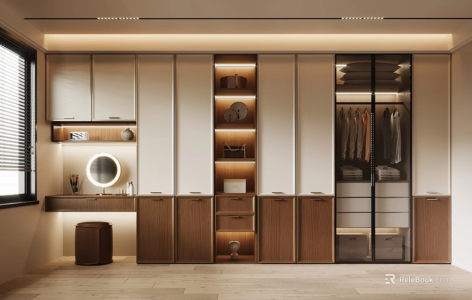Modern Wardrobe Interior Design With Glass Doors Hanging Rails Storage Shelves And Drawers 3d model 