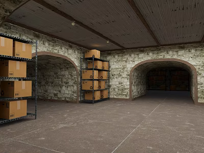 Warehouse Storage With Shelves Cardboard Boxes Arched Doorways Stone Walls And Metal Roof 3d model