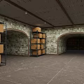 Warehouse Storage With Shelves Cardboard Boxes Arched Doorways Stone Walls And Metal Roof