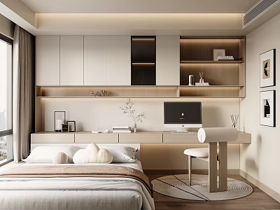 Modern Tatami Bedroom Interior Design With Built in Shelves Study Desk And Wall Art 3d model