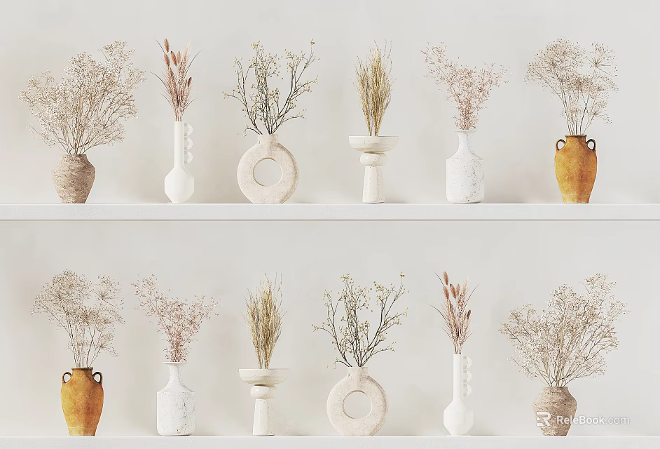 Display of Various Materials Different Shapes Vases with Dried Flowers on White Shelves 3d model 