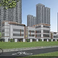 Modern School Building Featuring Multiple Floors Glass Facades Bicycle Lane And Greenery Near Tall Buildings
