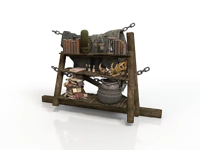 Rustic Wooden Tiered Shelf With Metal Chains Books And Vintage Pot Decor 3d model