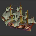 Detailed Sailing Ship Model With White Sails Multiple Masts And Red Yellow Hull Design