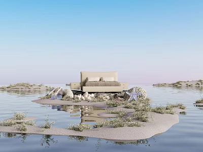 Modern Sofa On Floating Sand Island With Starfish And Green Plants 3d model