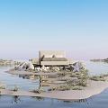 Modern Sofa On Floating Sand Island With Starfish And Green Plants