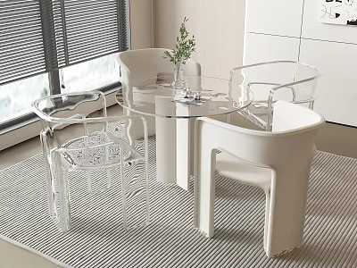Modern Table And Chair Set With Transparent White Chairs Round Glass Top And Indoor Rug 3d model