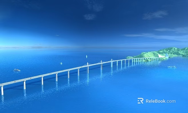 Long Bridge Over Blue Ocean Connecting Green Island With Sailboats And Clear Sky 3d model 