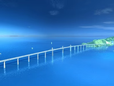 Long Bridge Over Blue Ocean Connecting Green Island With Sailboats And Clear Sky 3d model