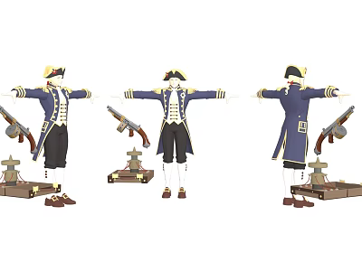 Game And Movie Character In Blue Uniform With Hat Pistols And Chest In Multiple Poses 3d model
