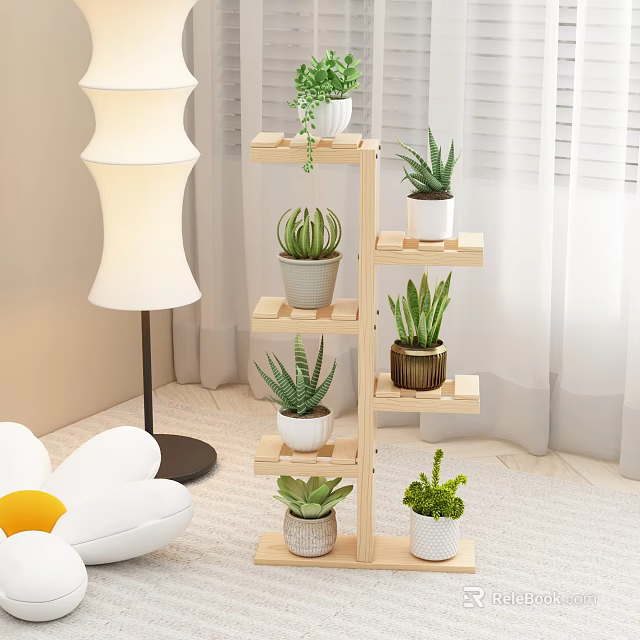 Wooden Multi Tiered Plant Stand With Various Green Succulents In Living Room 3d model 
