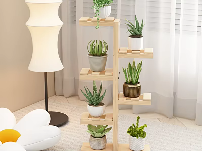 Wooden Multi Tiered Plant Stand With Various Green Succulents In Living Room 3d model
