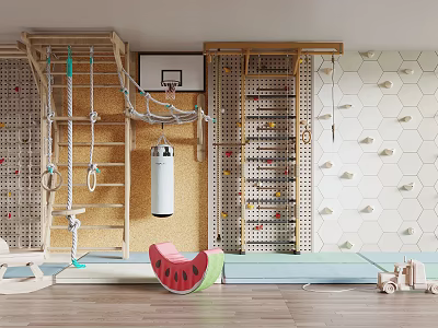 Sports Equipment For Indoor Kids Area With Climbing Wall Basketball Hoop Punching Bag And Rings 3d model