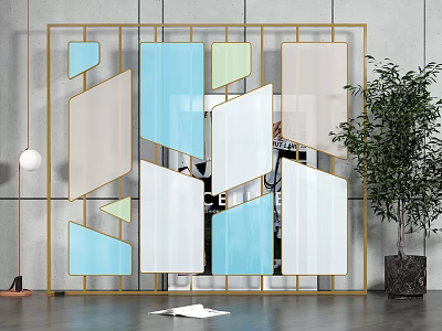 Modern Room Divider With Golden Frame And Geometric Translucent Colored Panels In Interior 3d model