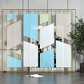 Modern Room Divider With Golden Frame And Geometric Translucent Colored Panels In Interior
